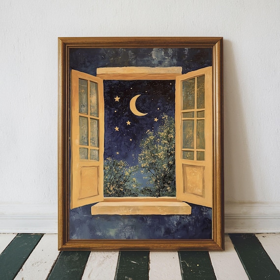 Open Window to Starry Night Crescent Moon Celestial Art Poster
