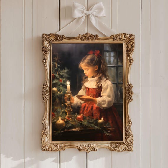 Winter Whimsy Vintage Christmas Painting Holiday Wall Art Little Girl With Candle Print Festive And Moody