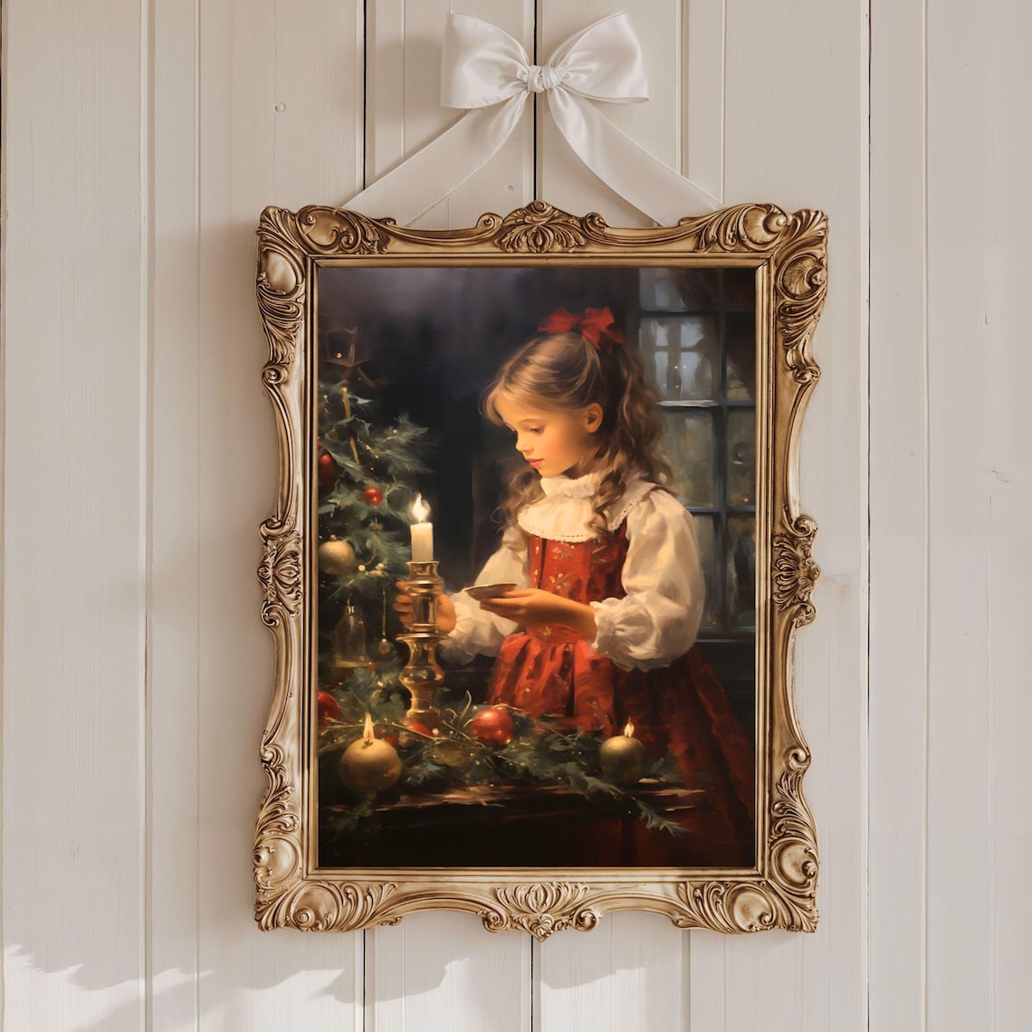 Vintage Christmas Girl With Candle Poster Cozy Holiday Oil Painting