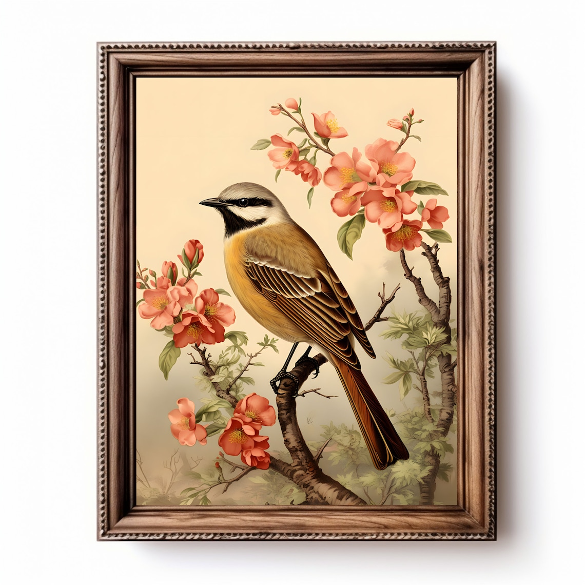 Vintage Songbird on Blossoming Branch Botanical Illustration Art Poster