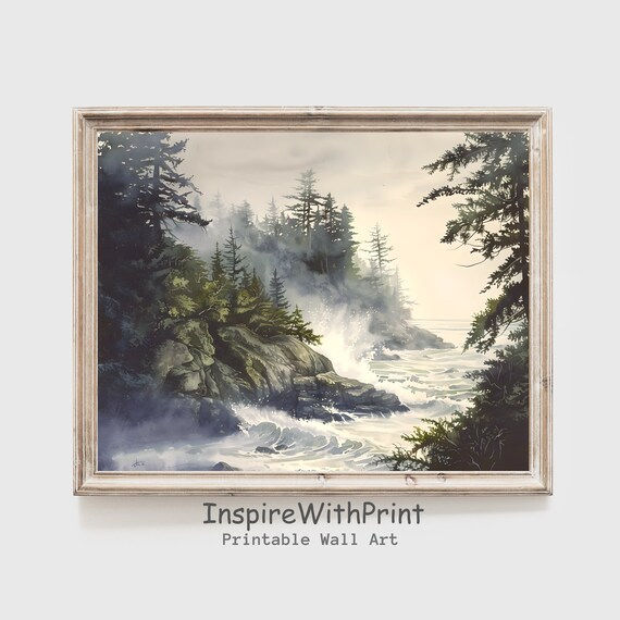 Misty Pine Forest Coast Watercolor Waves Moody Landscape Art Print