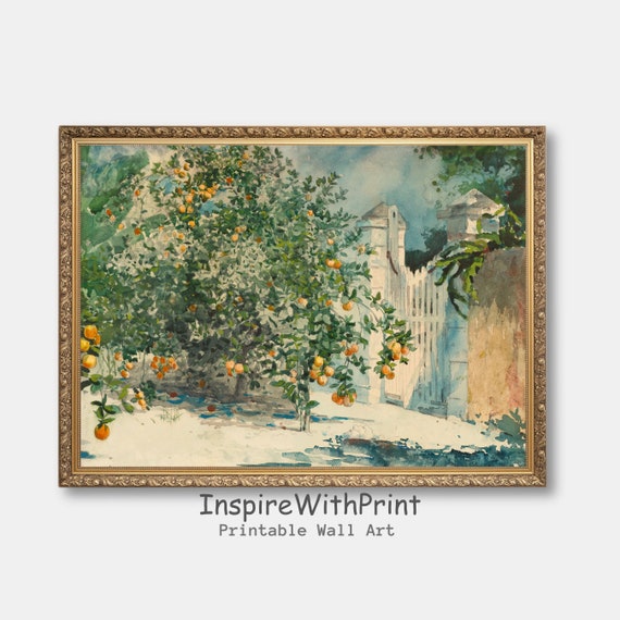 Vintage Orange Tree Painting Garden Watercolor Summer Wall Art Mediterranean Print Kitchen