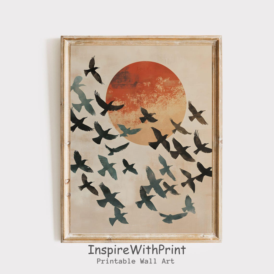Flock Of Birds Around Red Sun Poster Boho Japandi Nature Wall Decor