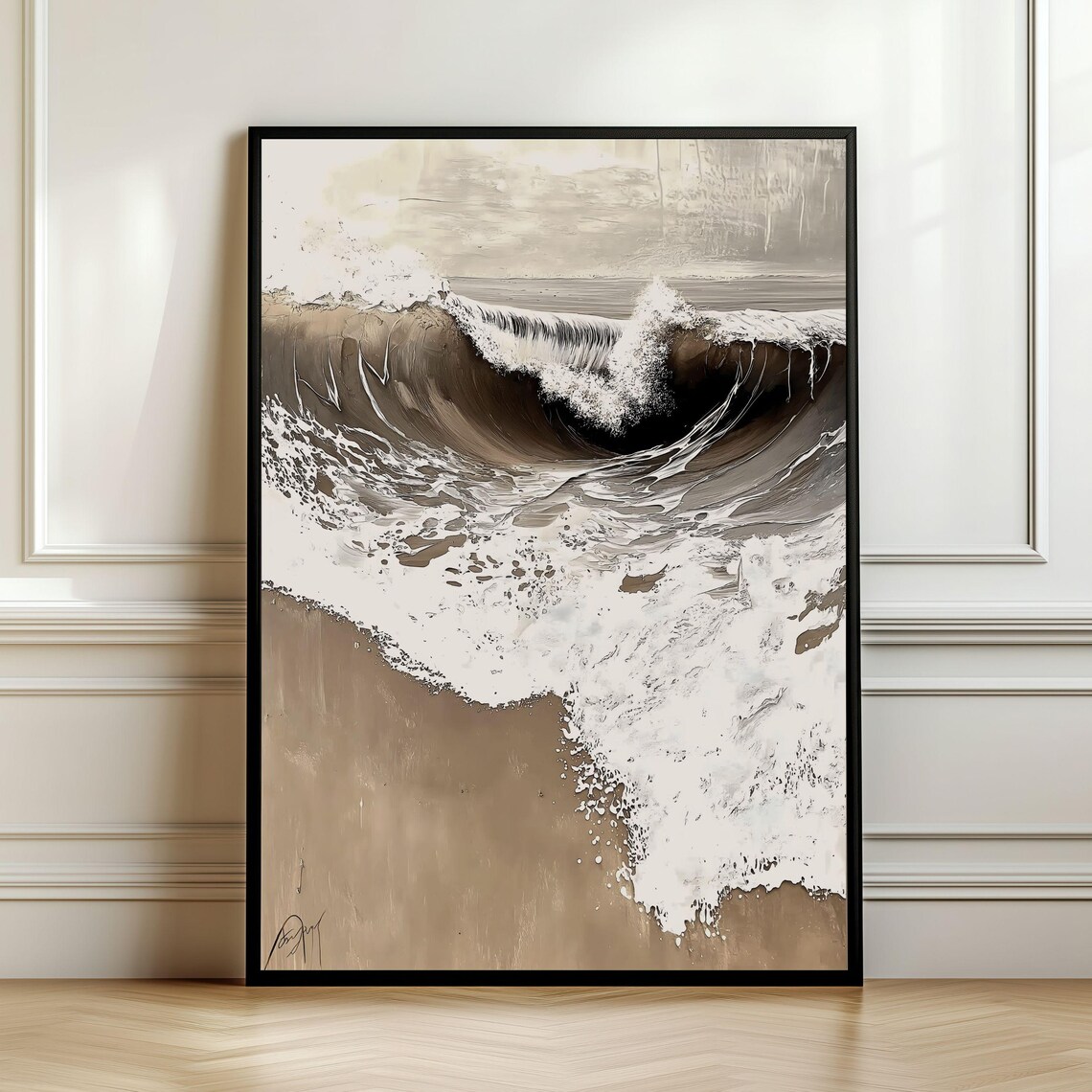 Neutral Beige Ocean Wave Crashing Moody Coastal Seascape Poster