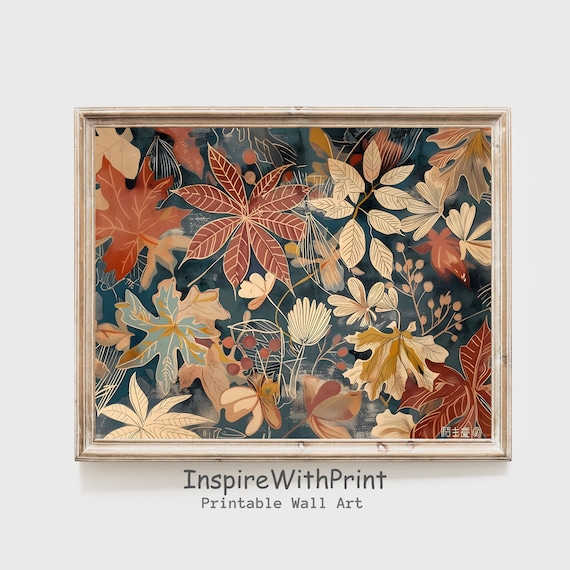 Autumn Botanical Leaves Pattern Print on Dark Background Elegant