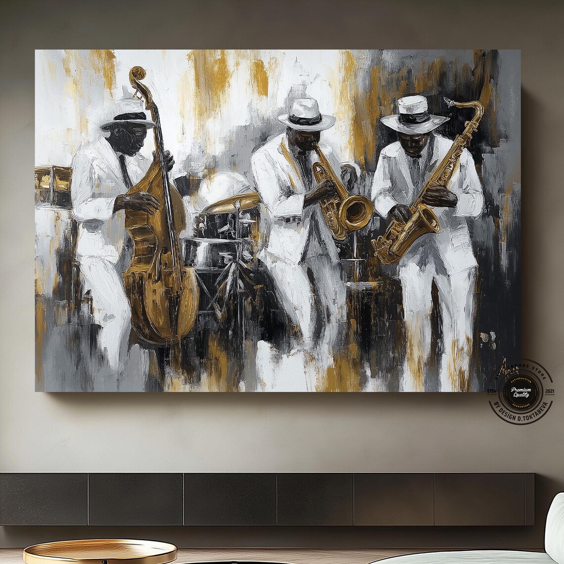 Jazz Band Trio in White Suits with Saxophone and Double Bass Poster