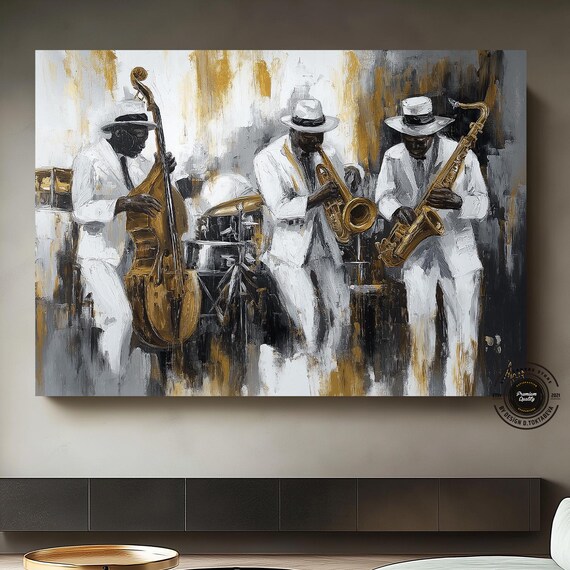 Jazz Band Trio in White Suits with Saxophone and Double Bass Poster
