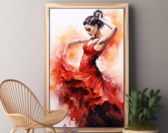 Spanish Flamenco Dancer Watercolor Red Dress Dance Painting Poster