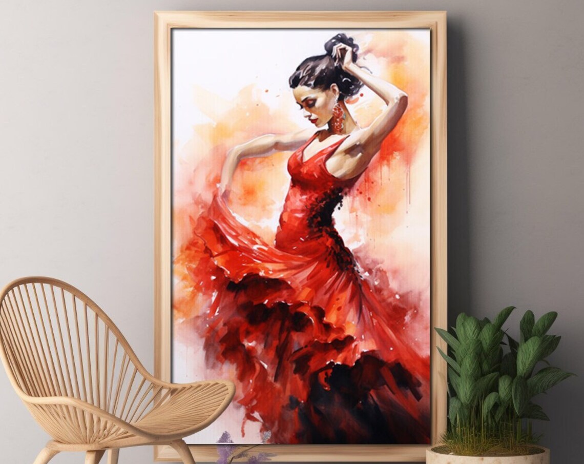 Spanish Flamenco Dancer Watercolor Red Dress Dance Painting Poster