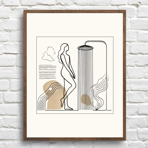 Woman Standing Under Shower Minimalist Line Art With Beige Shapes Print