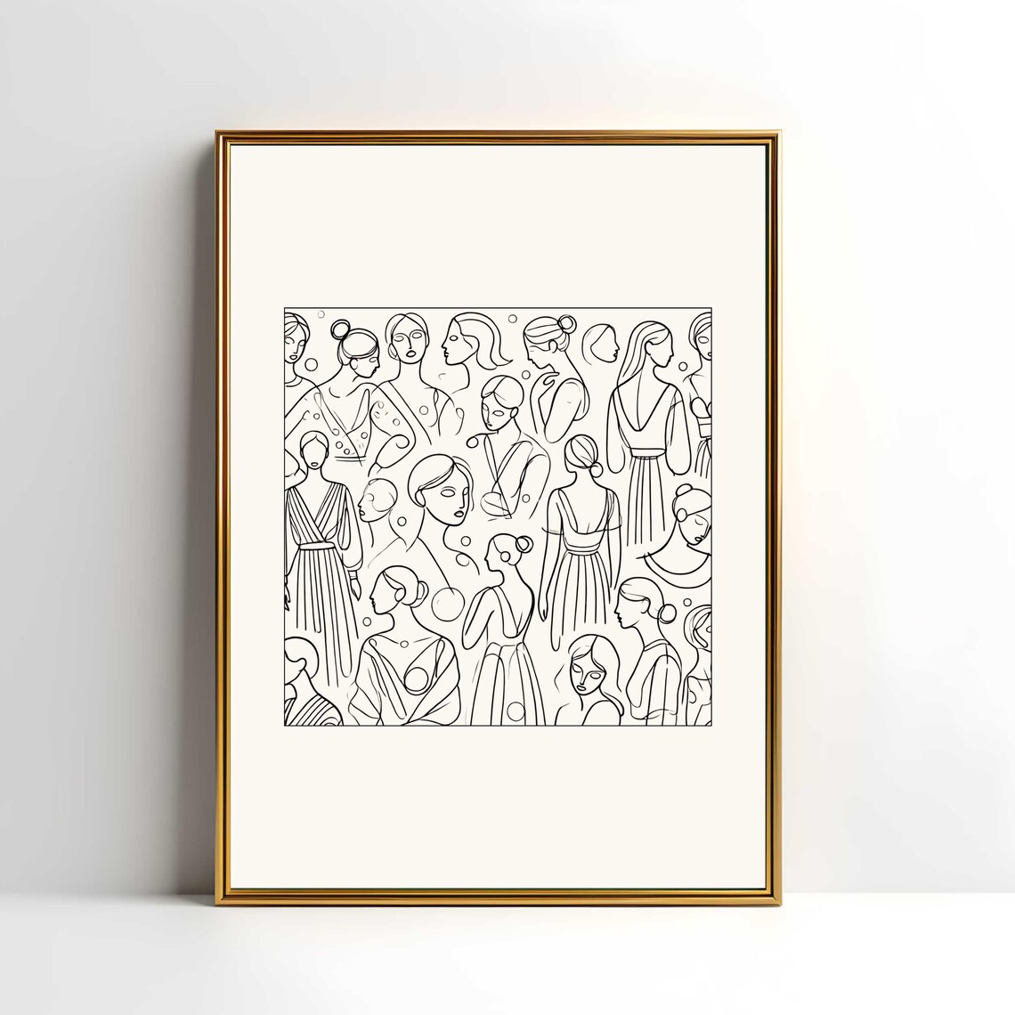 Crowd Of Women In Dresses Minimalist Black And White Line Art Print - Image 2