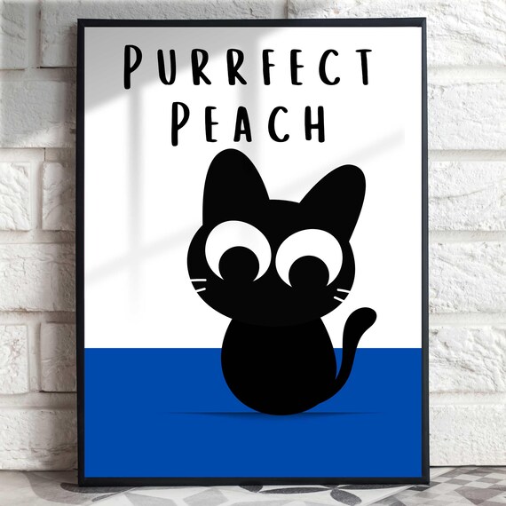 Purrfect Peach Sitting Black Cat With Blue Band Funny Cat Poster