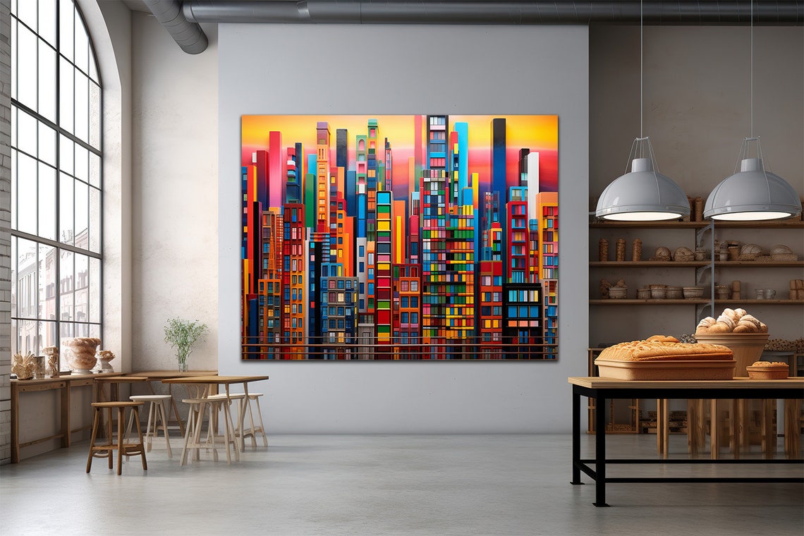 Colorful Abstract City Skyline Block Buildings Sunset Wall Art - Image 3