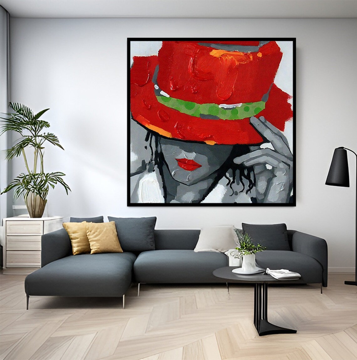 Woman In Red Hat Stylized Portrait With Green Band Modern Art Print - Image 3