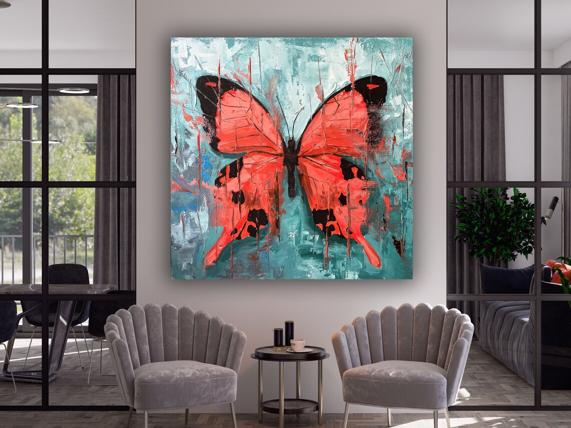 Red Butterfly Teal Abstract Background Modern Insect Art Poster