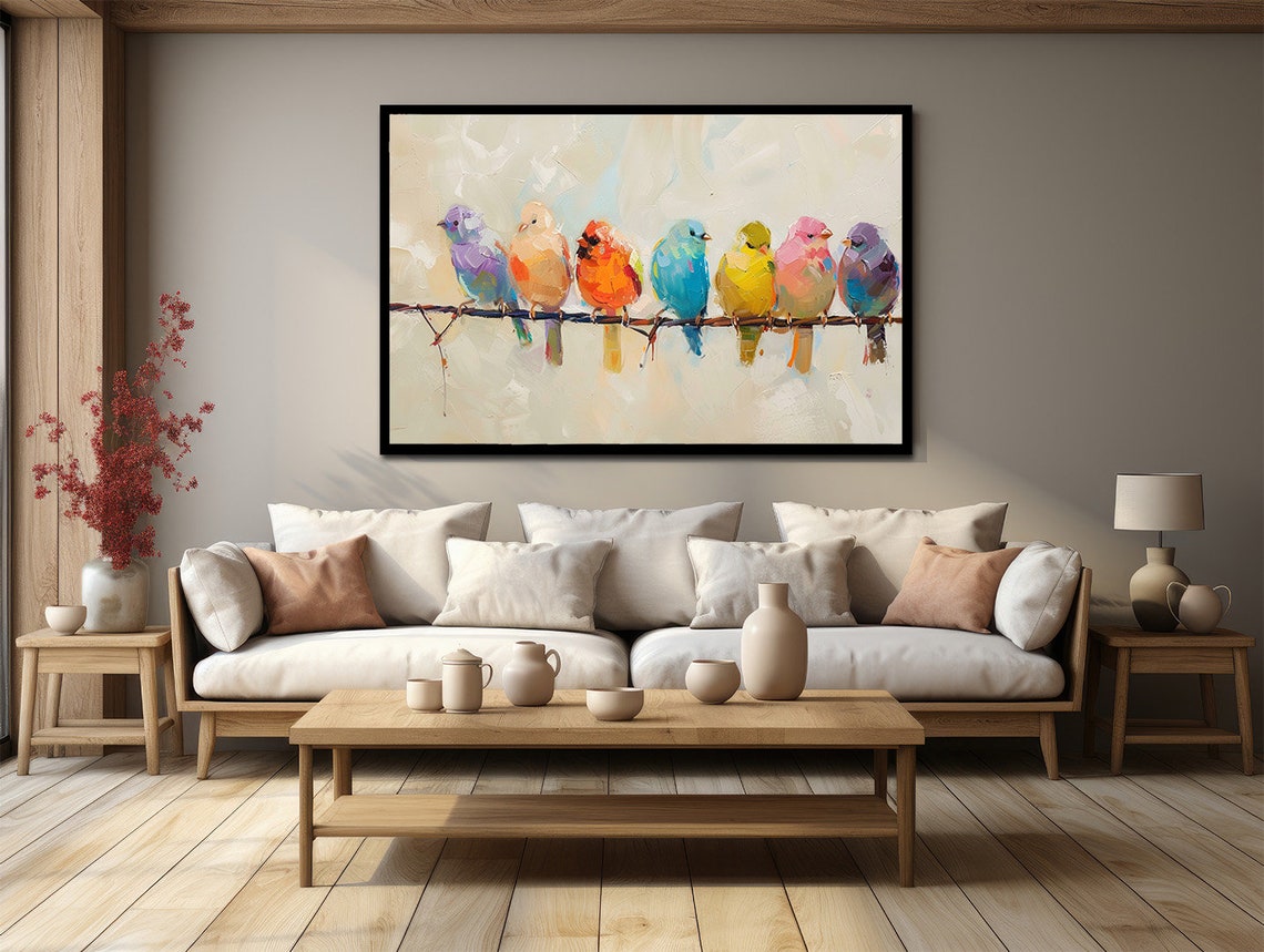 Seven Colorful Birds Perched On Wire Whimsical Painting Wall Poster