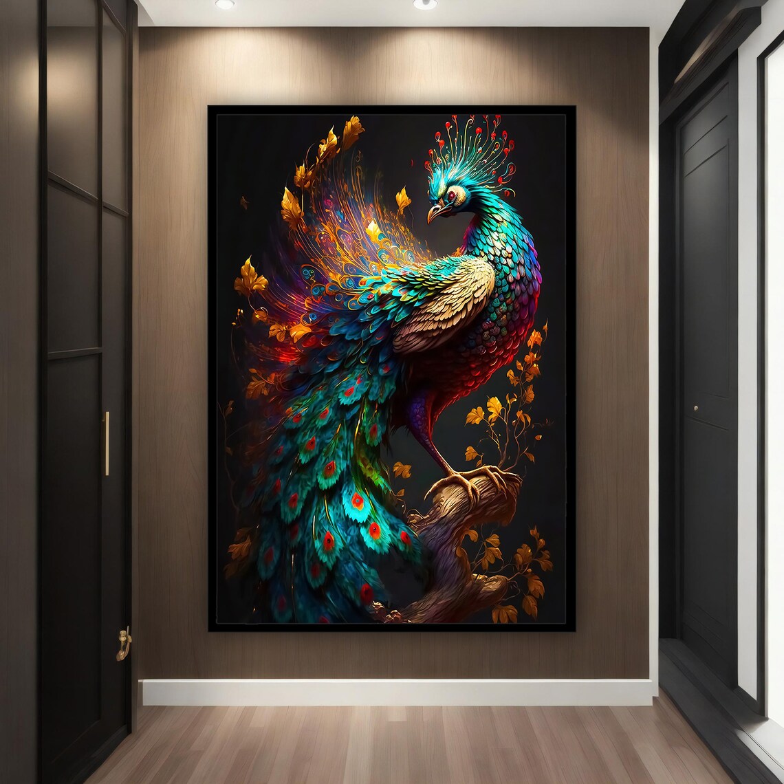 Fantasy Peacock Golden Leaves Dark Background Jewel Tone Art Print - Image 3