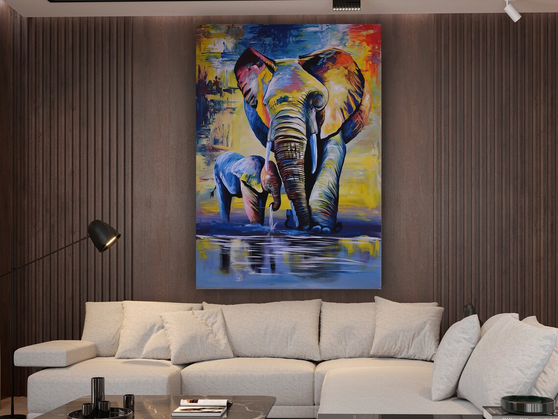 Colorful Elephant And Calf Drinking Water Vibrant Wildlife Poster - Image 2