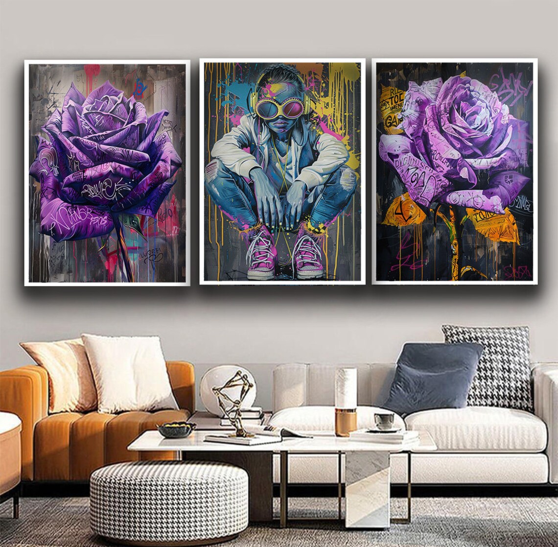 Hip Hop Graffiti Girl Purple Roses 3 Piece Wall Decor Set Poster - Image 2