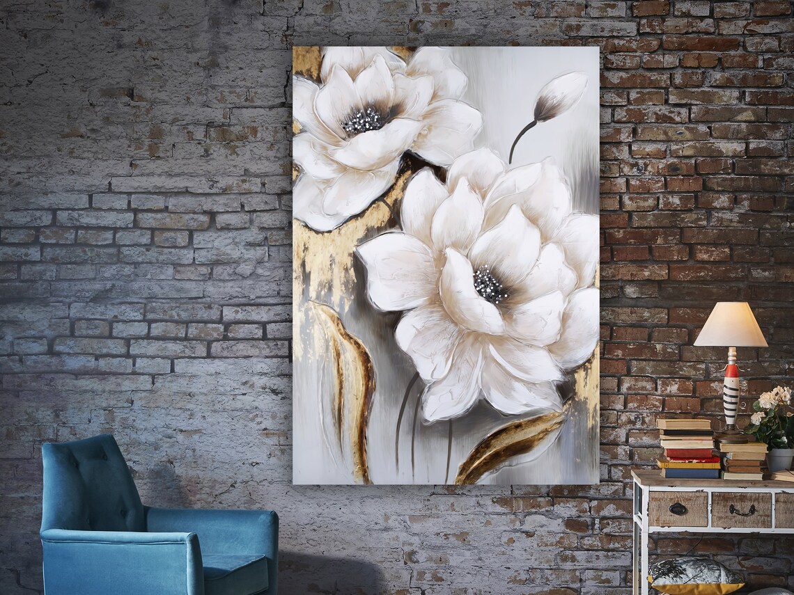 White Flowers Gold Painting Elegant Floral Canvas Modern Botanical Art - Image 3
