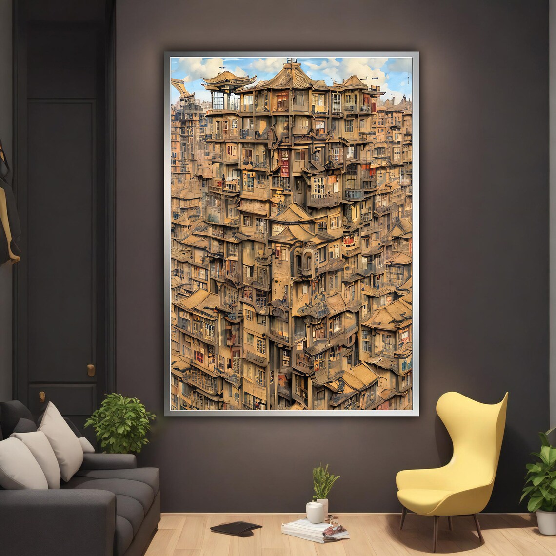 Surreal Asian Old City Stacked Houses Fantasy Painting Wall Poster - Image 2