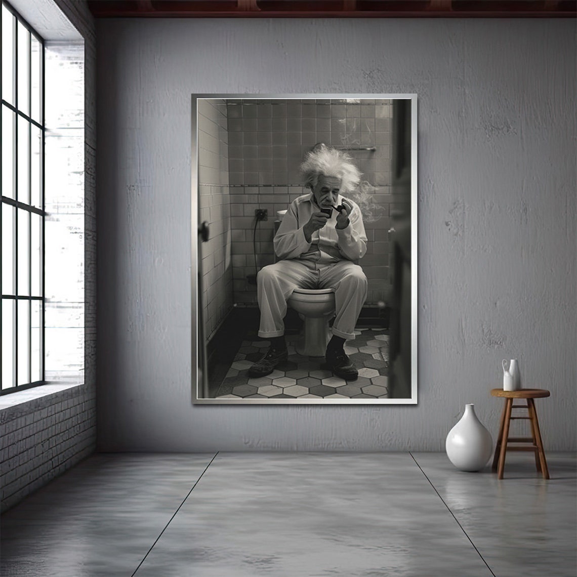 Albert Einstein On Toilet Smoking Black And White Humor Poster