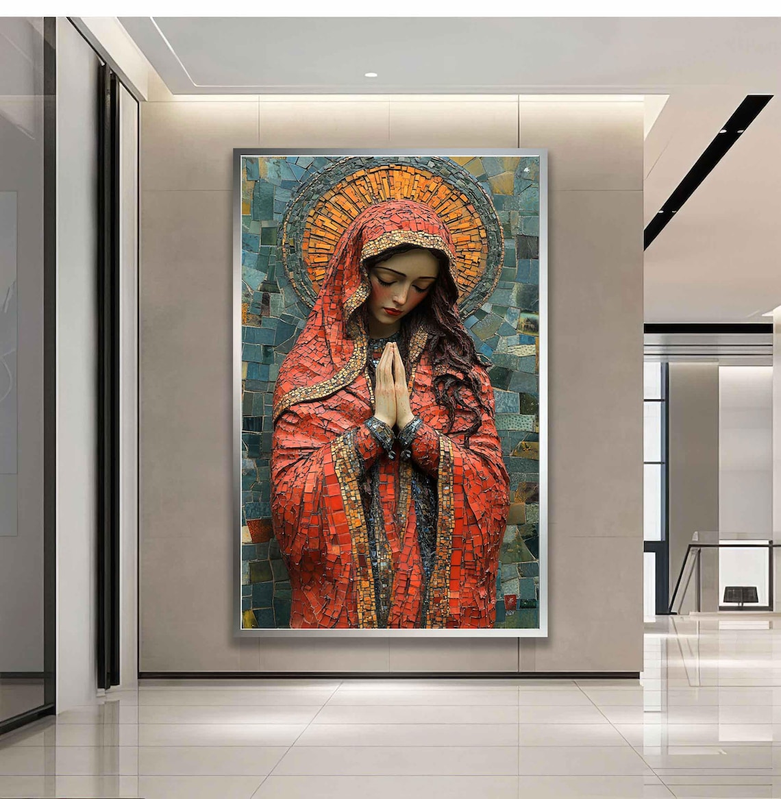 Praying Virgin Mary Mosaic Art Print With Red Veil And Golden Halo - Image 3