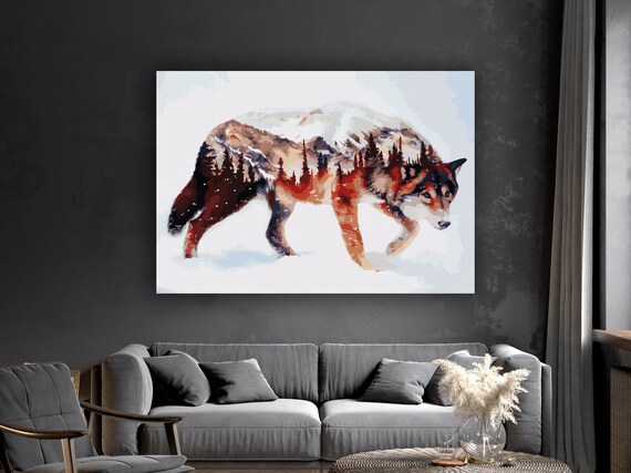 Wolf Forest Mountain Double Exposure Wildlife Nature Art Poster