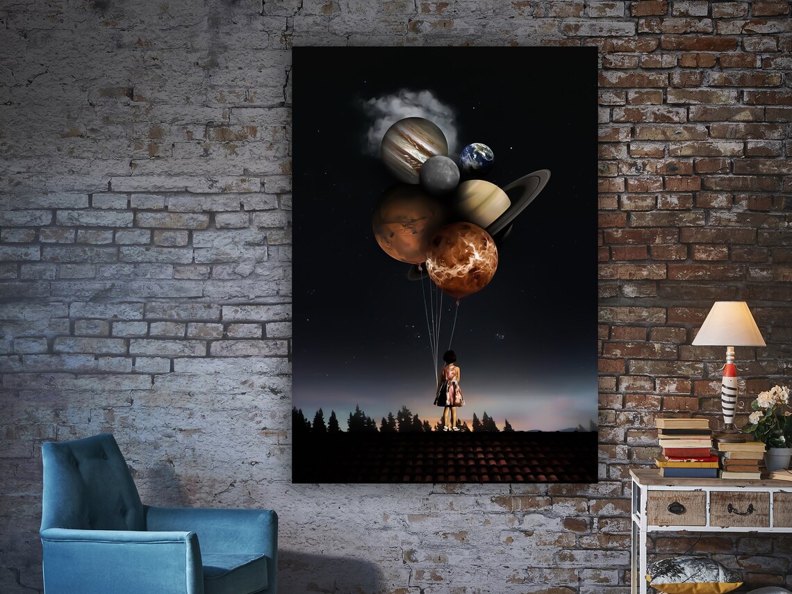 Girl Holding Planet Balloons Rooftop Night Sky Dreamlike Surreal Art Print - Image 3