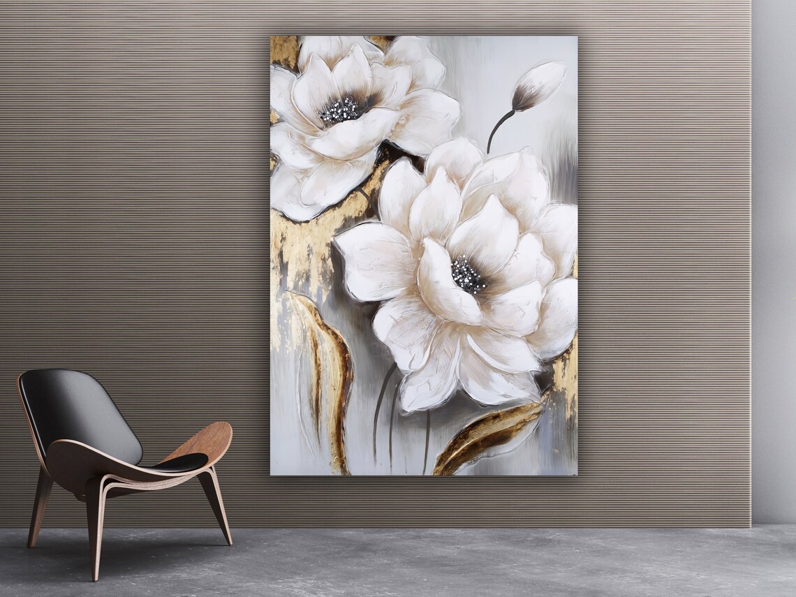 White Flowers Gold Painting Elegant Floral Canvas Modern Botanical Art