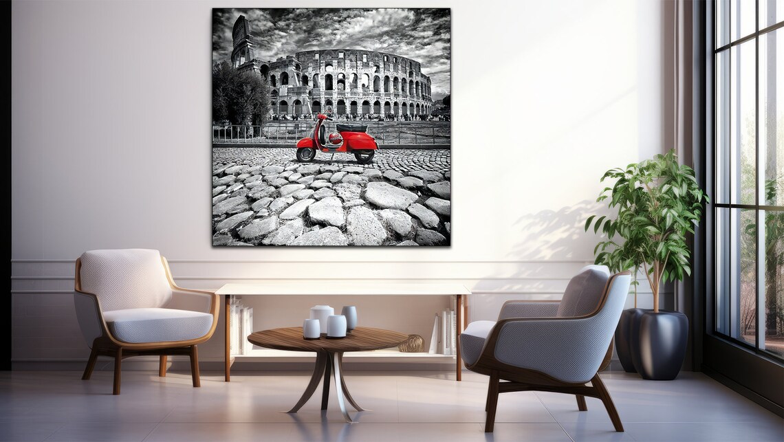 Red Vespa Scooter At Rome Colosseum Black White Color Pop Art Poster - Image 3
