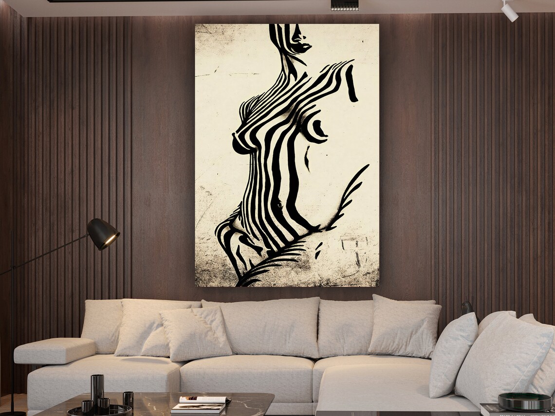 Zebra Stripe Woman Silhouette Line Art Black White Body Poster