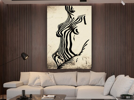 Zebra Stripe Woman Silhouette Line Art Black White Body Poster