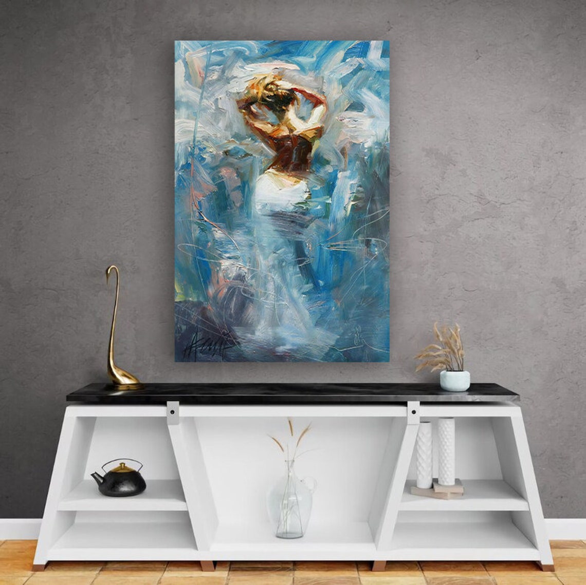 Expressive Abstract Woman Back Turned Blue Impasto Oil Painting Poster - Image 2