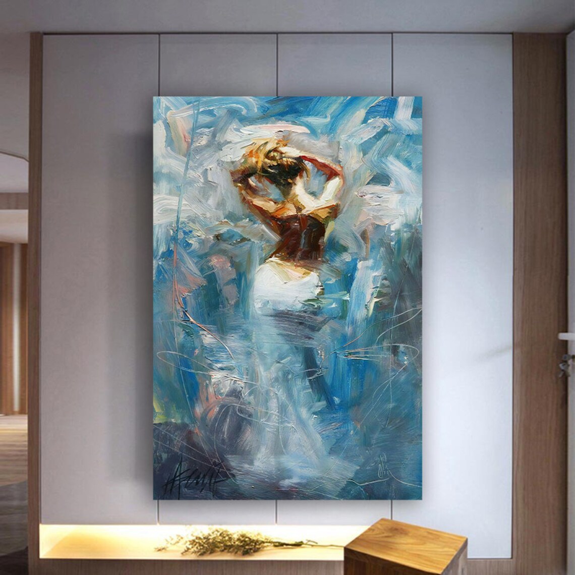 Expressive Abstract Woman Back Turned Blue Impasto Oil Painting Poster