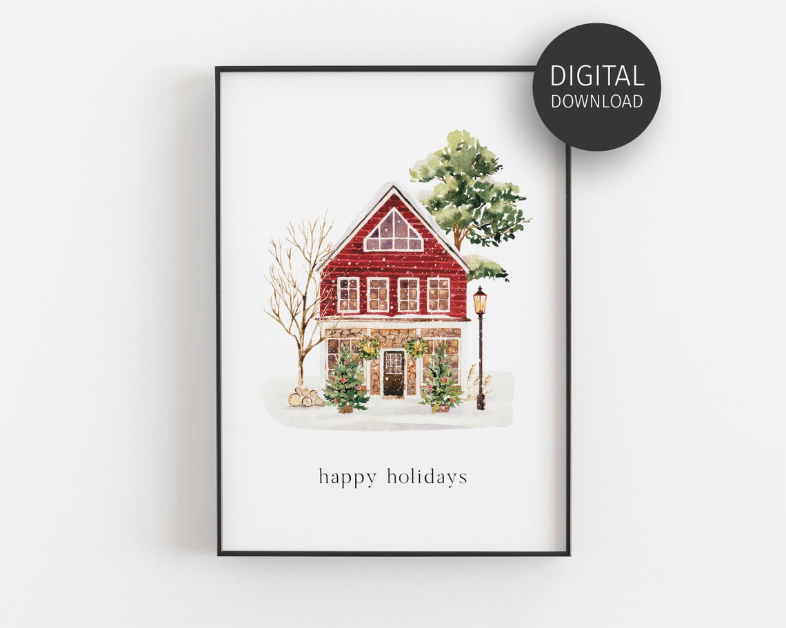 Happy Holidays Red Lodge House Watercolor Winter Christmas Poster