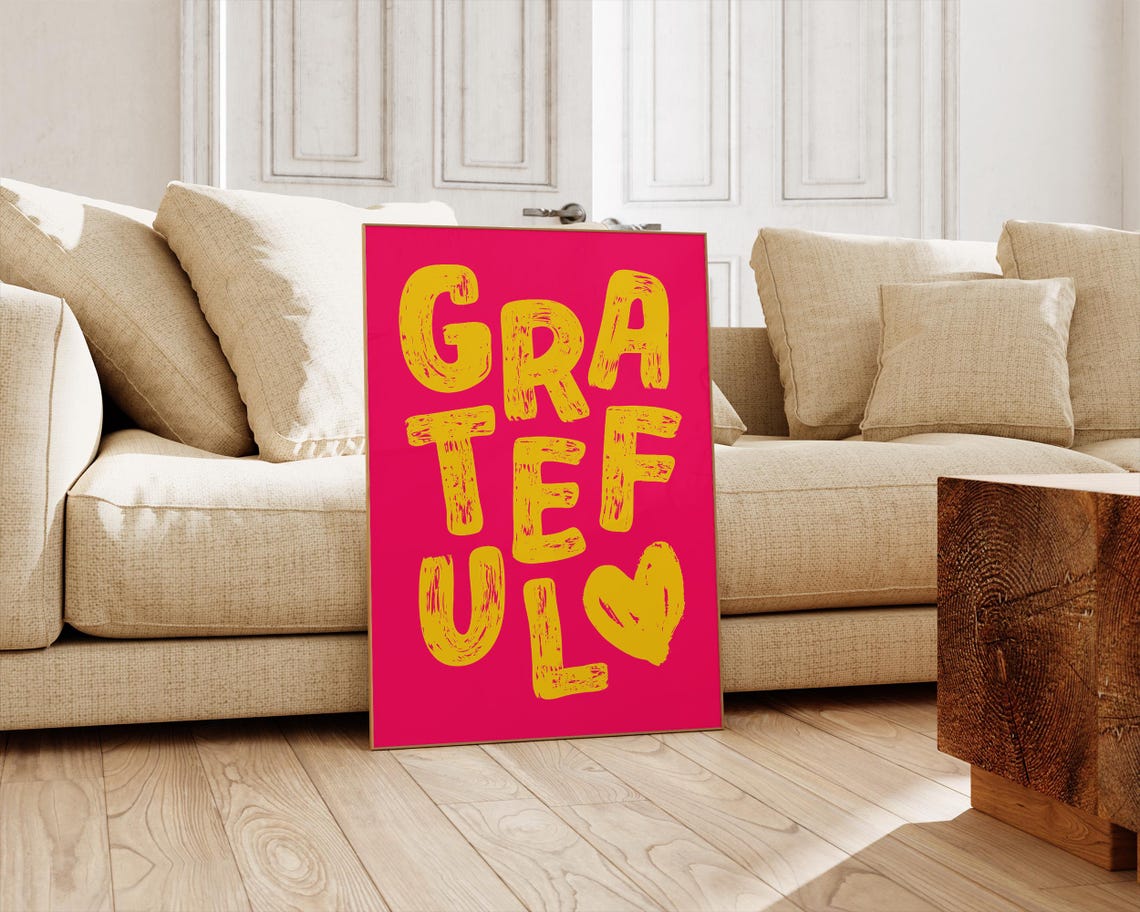 Grateful Hand Lettered Heart Neon Pink Yellow Positivity Wall Art - Image 3