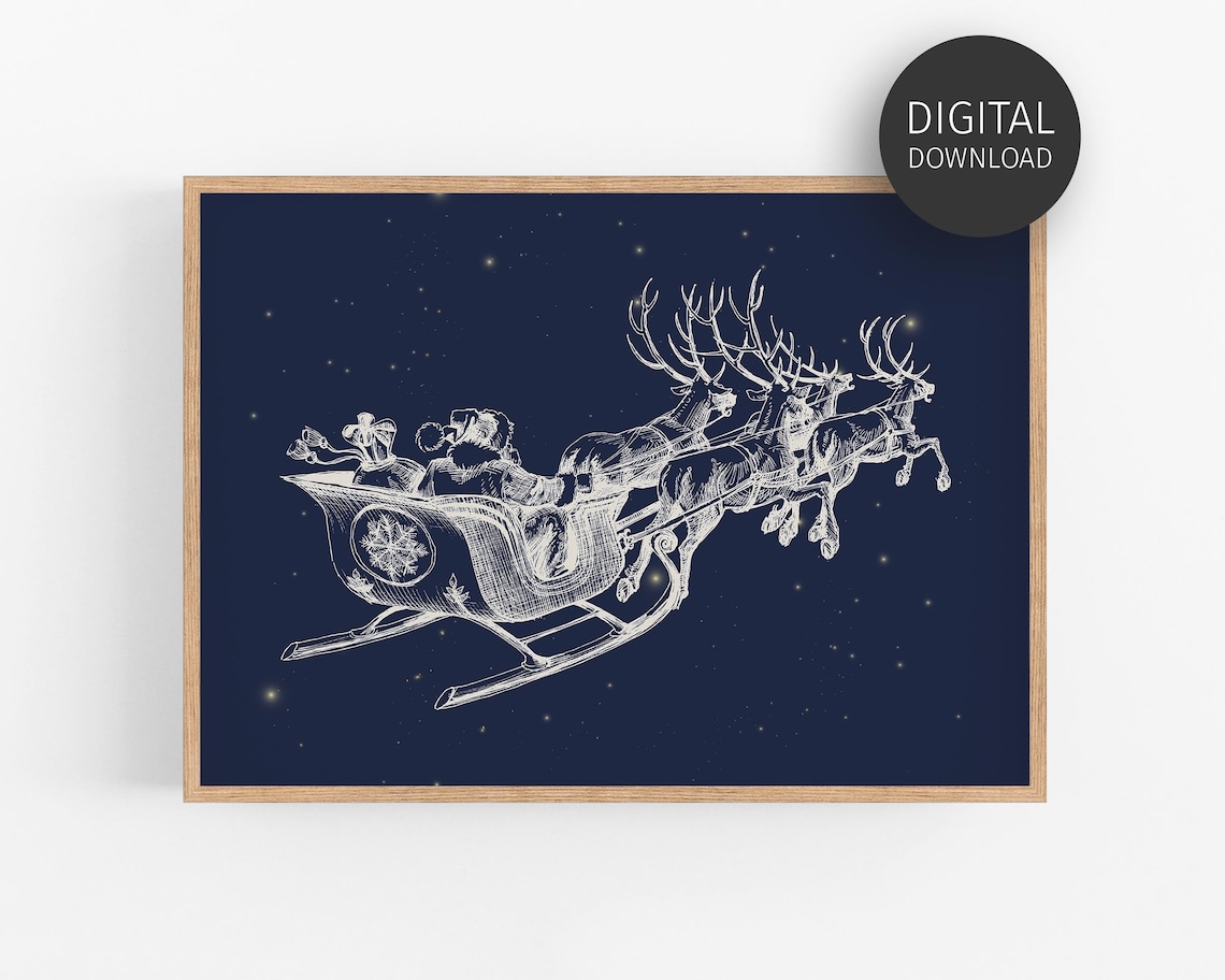 Santa Sleigh Reindeer Starry Night Line Art Christmas Poster