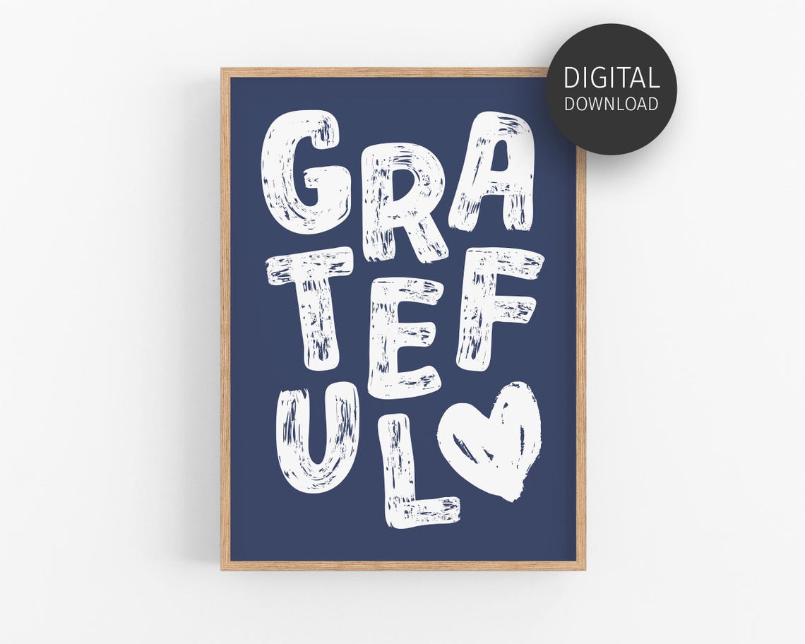 Grateful Bold Hand Lettered Heart Navy Blue Positivity Wall Art