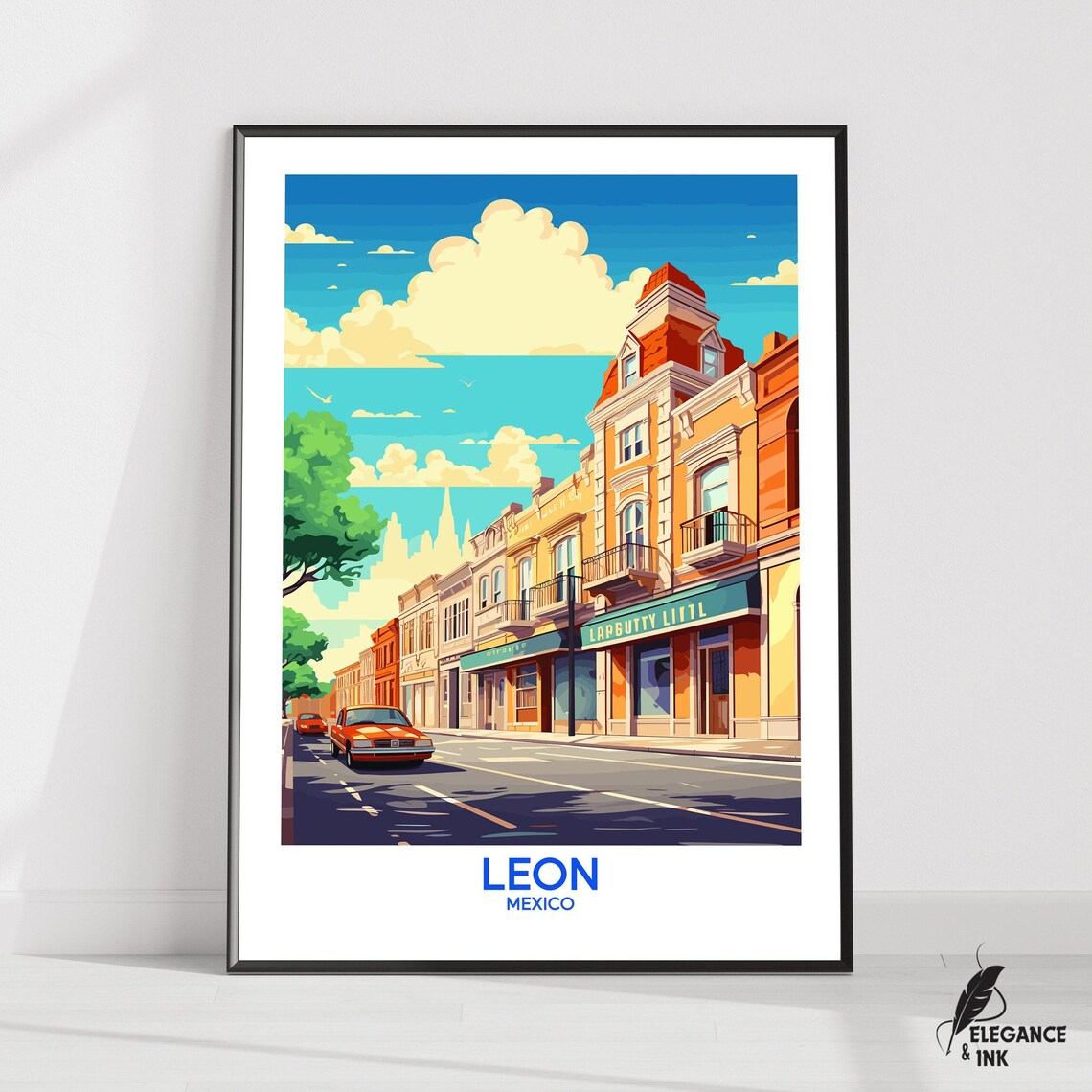 Leon Mexico Classic Cars Colonial Street Retro Travel Poster