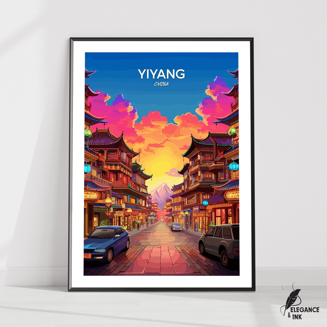 Yiyang China Old Town Street Sunset Lanterns Colorful Travel Poster