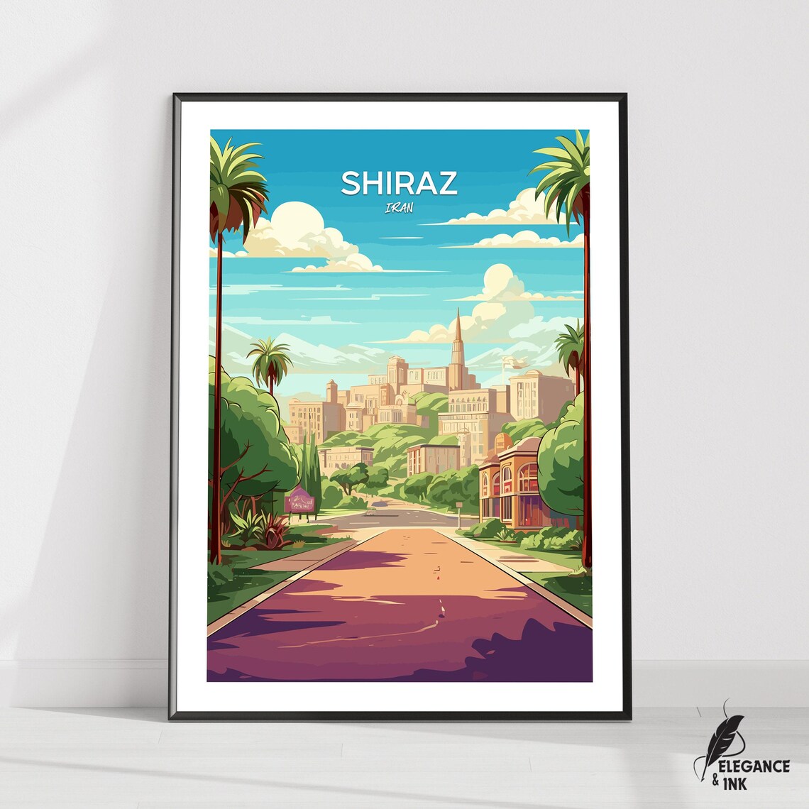 Vintage Shiraz Iran Palm Lined Grand Avenue Travel Poster Artwork