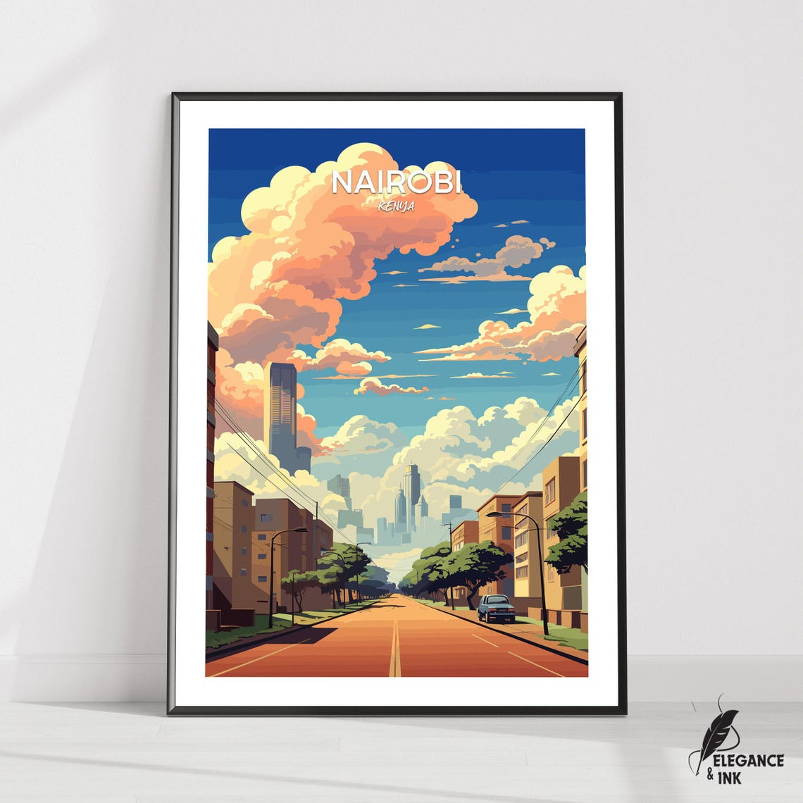 Nairobi Kenya Skyline Boulevard Towering Clouds Vintage Travel Poster