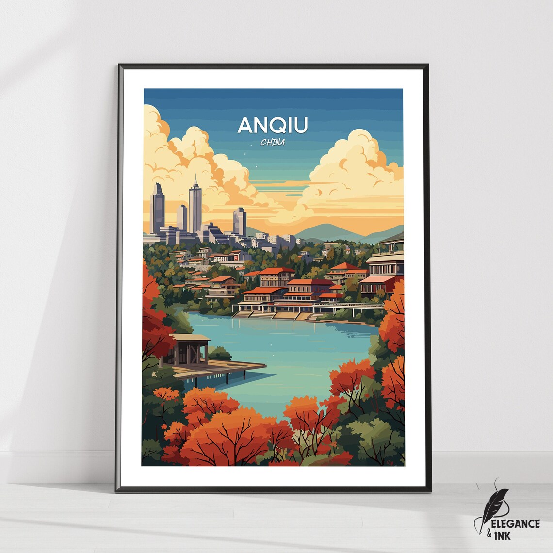 Anqiu China Autumn Lake Town Retro Illustrated Travel Poster