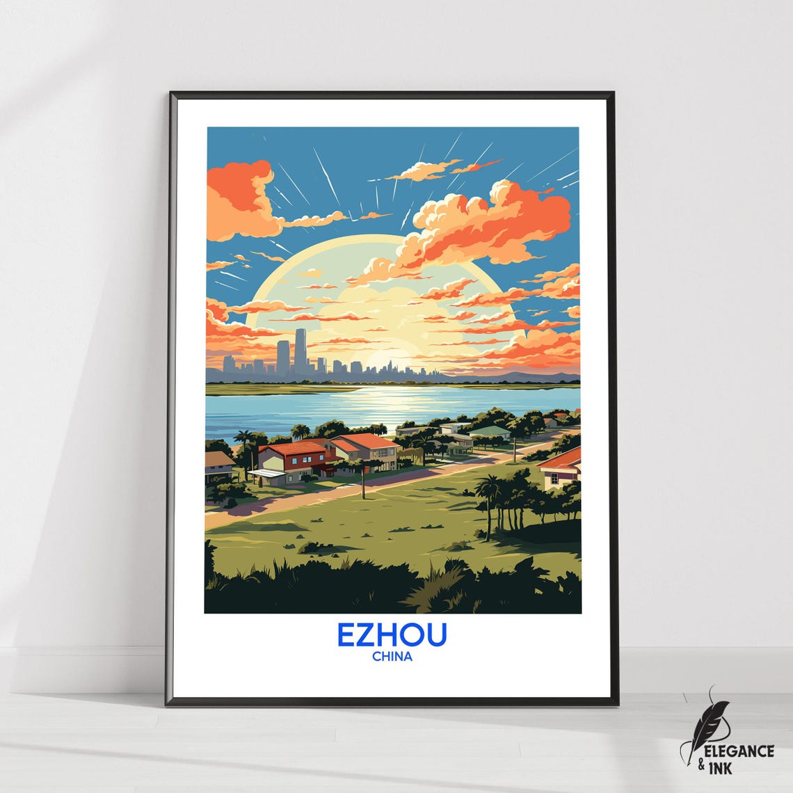 Ezhou China Blue Lettering Sunset Skyline Vintage Travel Poster Art