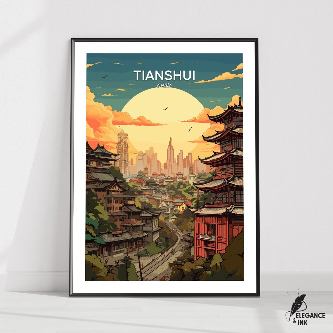 Tianshui China Pagoda Sunset Top Title Vintage Travel Poster