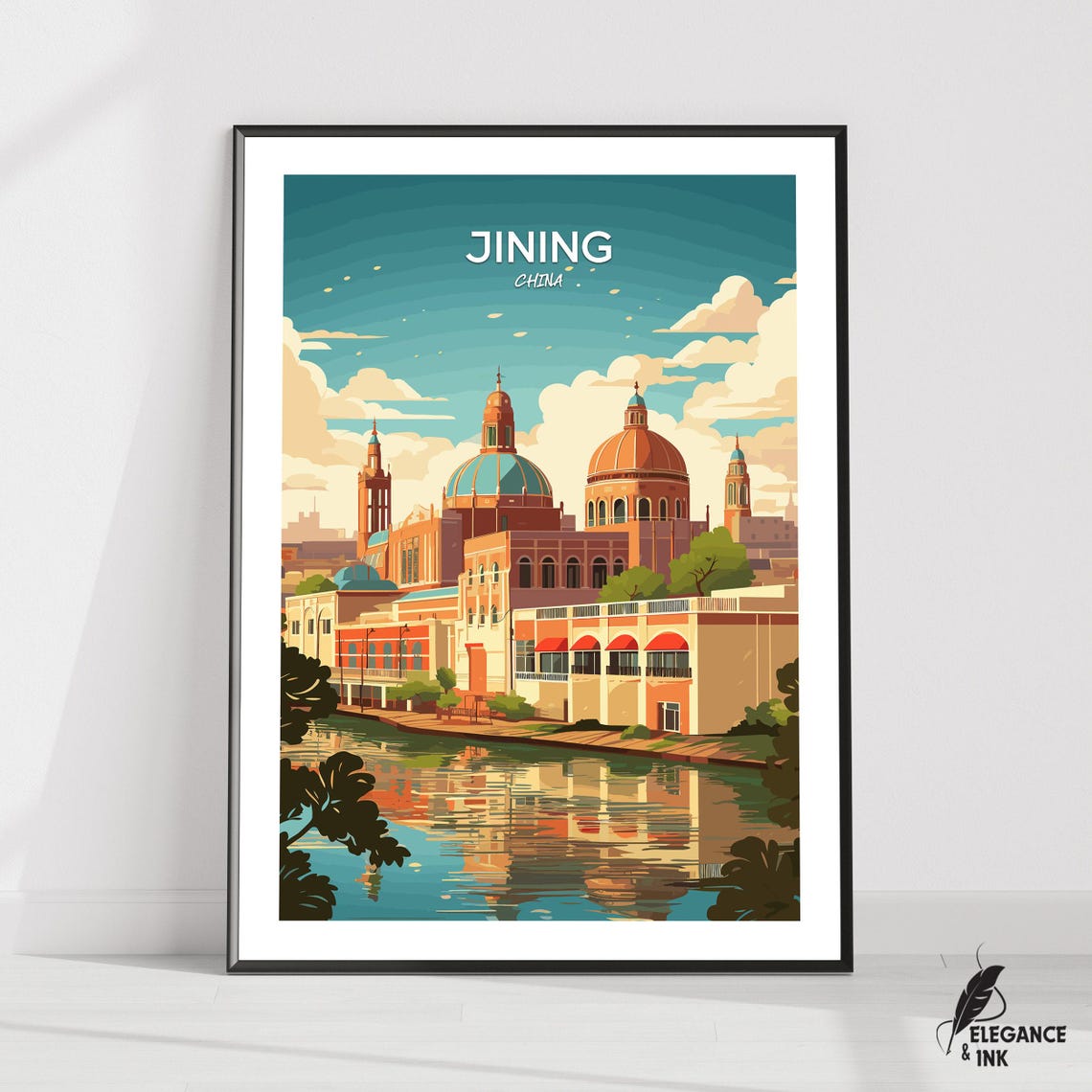Jining China Riverfront With Domed Landmark Buildings Travel Poster