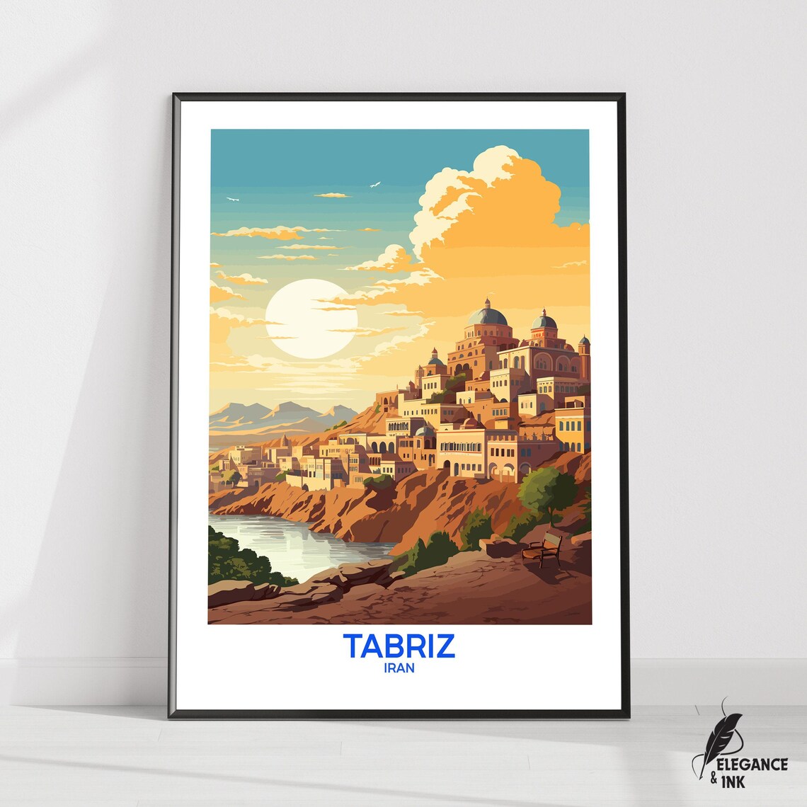 Tabriz Iran Hilltop City Golden Domes Sunset Vintage Travel Poster