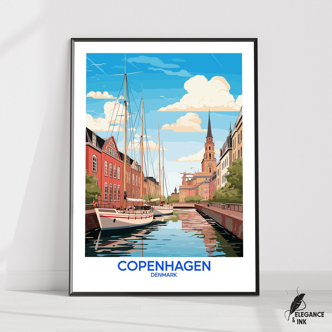 Copenhagen Denmark Canal Tall Ships Illustration Travel Poster