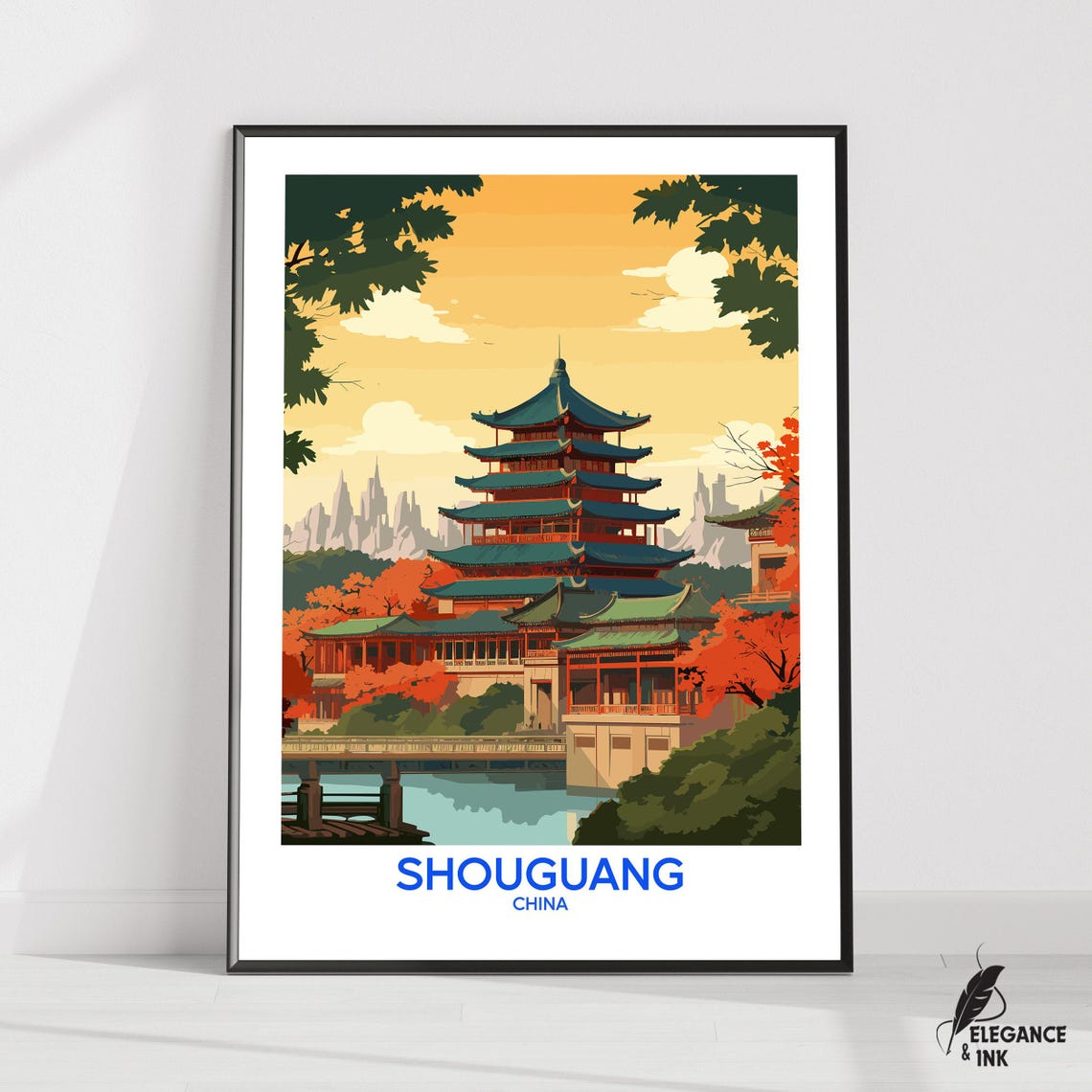 Shouguang China Pagoda Temple Sunset Vintage Travel Poster Art